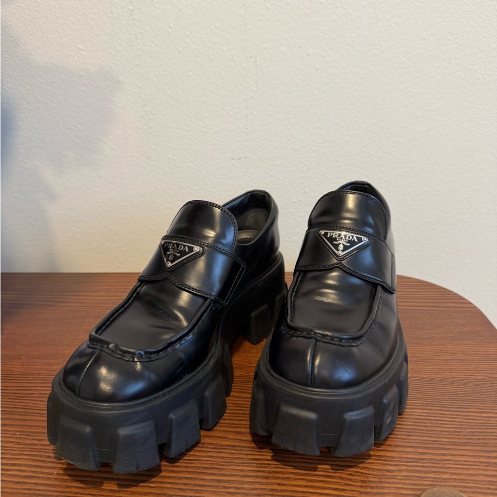 Prada Black Leather Platform Loafers